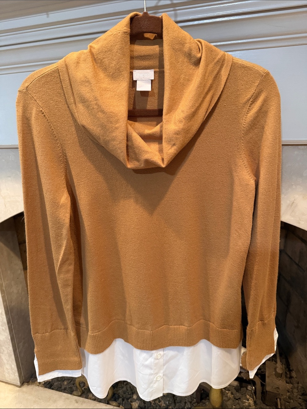 Chico's Camel Tan Cowl-Neck Sweater with Faux White Shirt Hem size Small (0)
